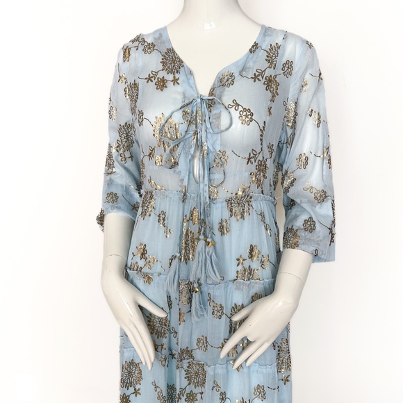 NWT | Sunny Studio French Designer Cotton Tiered Maxi Summer Dress Sky Blue Gold - Picture 4 of 14